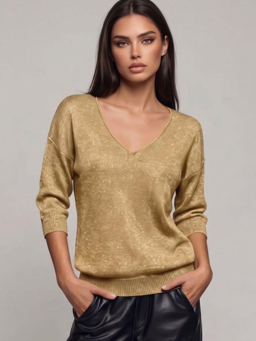 Gold Metallic Shimmer Knit Sweater – Relaxed V-Neck 3/4 Sleeve Top